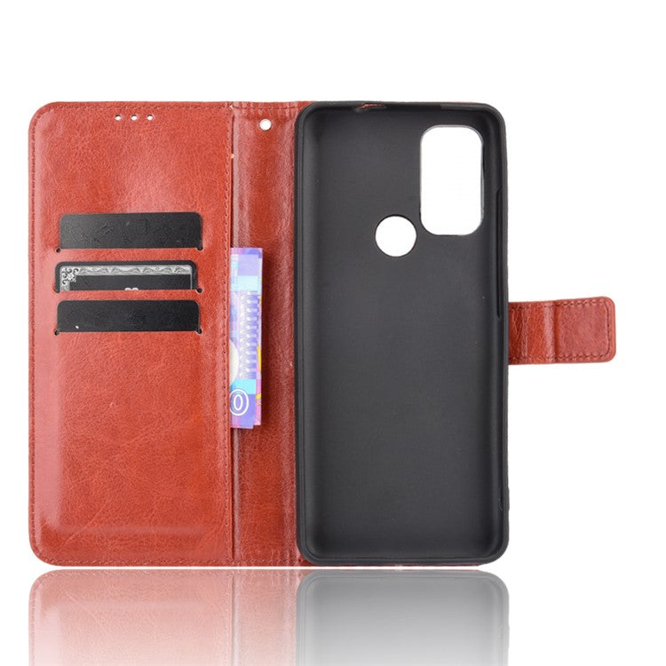 Shockproof Anti-Drop Crazy Horse Texture Leather Wallet Wrist Strap Design Phone Case with Stand for Motorola Moto G60S  - Brown