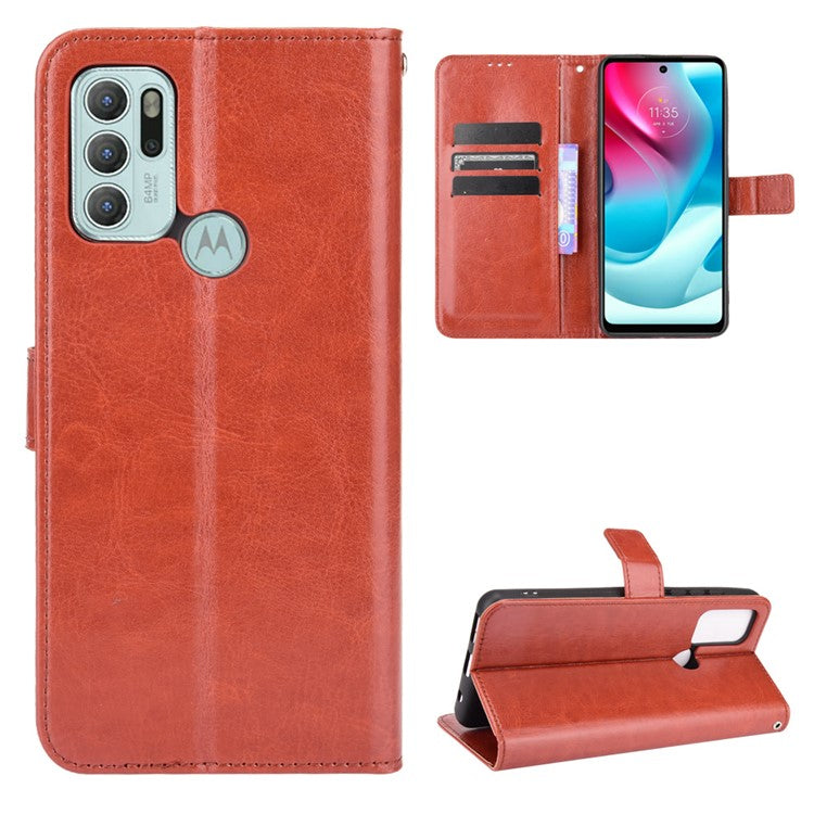 Shockproof Anti-Drop Crazy Horse Texture Leather Wallet Wrist Strap Design Phone Case with Stand for Motorola Moto G60S  - Brown