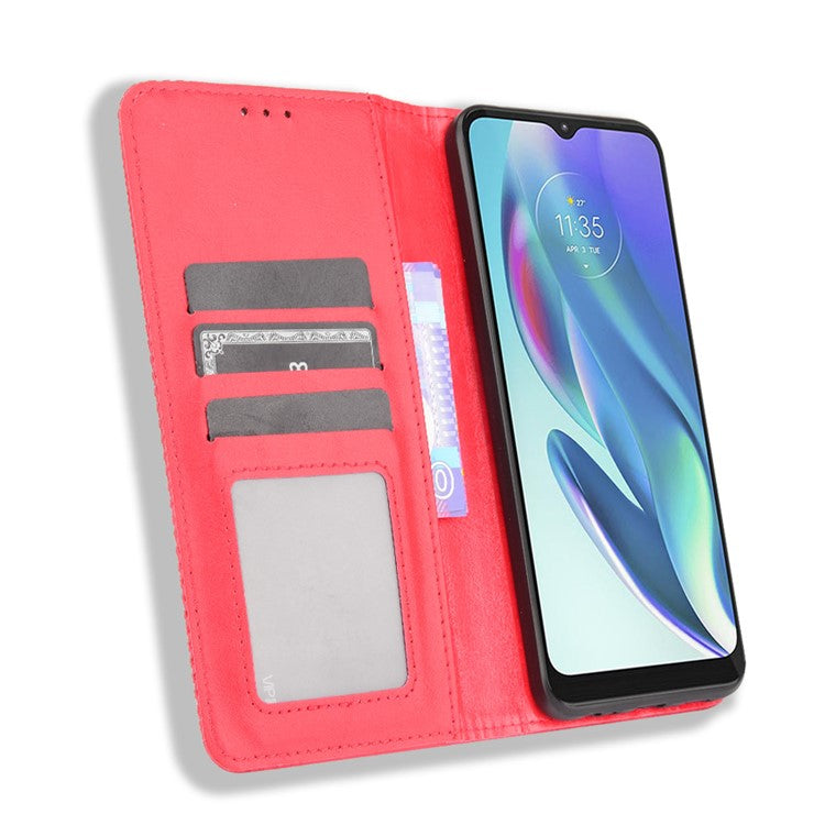 Vintage Style Strong Magnet Drop-Resistant Phone Stand Case Leather Cover with Wallet for Motorola Moto G50 5G - Red