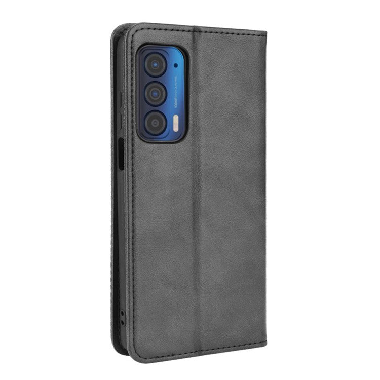 Vintage Style Strong Magnet Phone Stand Case Leather Cover with Wallet for Motorola Edge (2021) - Black