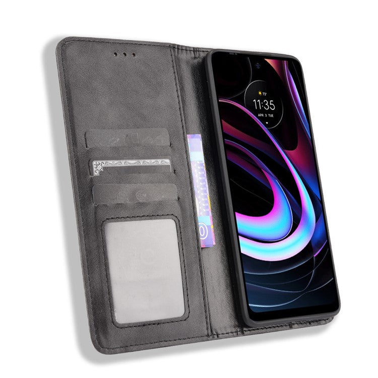 Vintage Style Strong Magnet Phone Stand Case Leather Cover with Wallet for Motorola Edge (2021) - Black