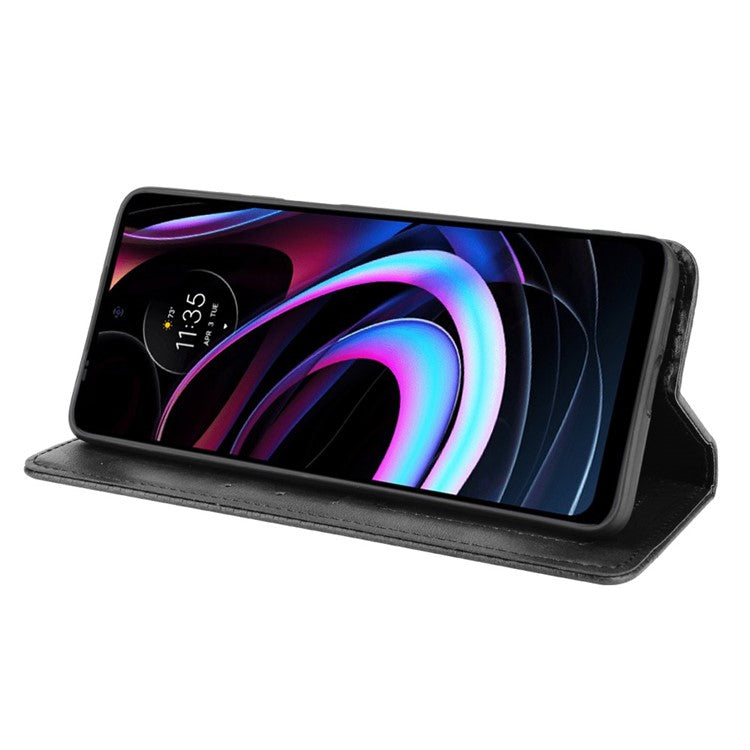 Vintage Style Strong Magnet Phone Stand Case Leather Cover with Wallet for Motorola Edge (2021) - Black