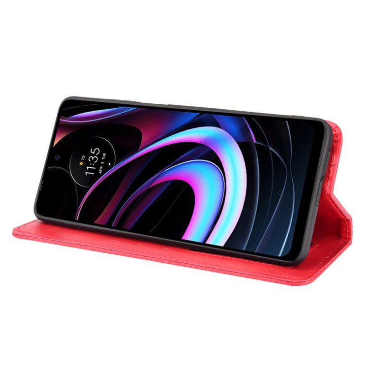Vintage Style Strong Magnet Phone Stand Case Leather Cover with Wallet for Motorola Edge (2021) - Red