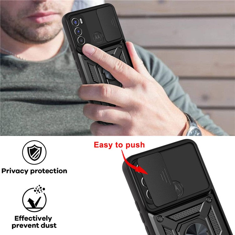 Camera Slide Protector PC + TPU Phone Back Cover Shell with Ring Holder Kickstand for Motorola Moto G60 - Silver