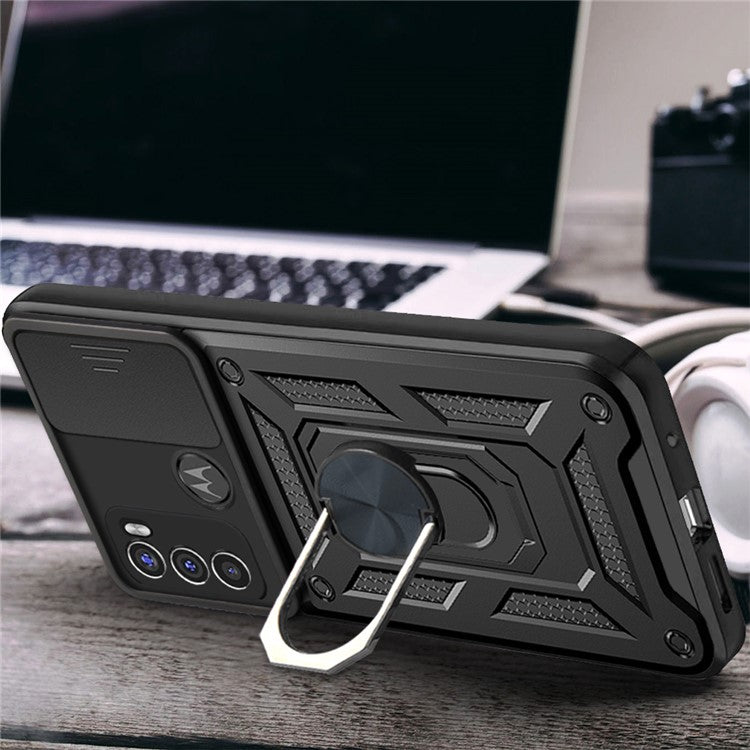 Camera Slide Protector PC + TPU Phone Back Cover Shell with Ring Holder Kickstand for Motorola Moto G60 - Silver
