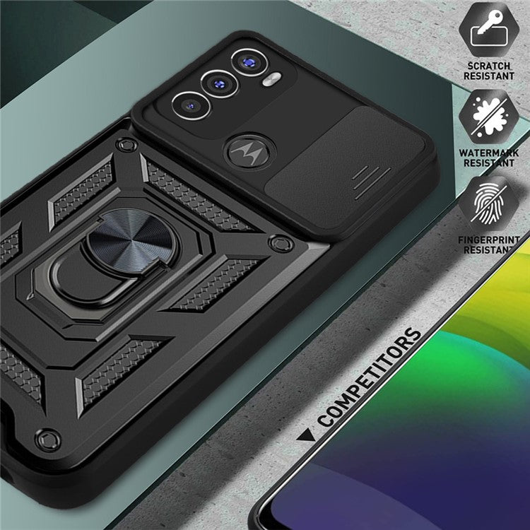 Camera Slide Protector PC + TPU Phone Back Cover Shell with Ring Holder Kickstand for Motorola Moto G60 - Silver