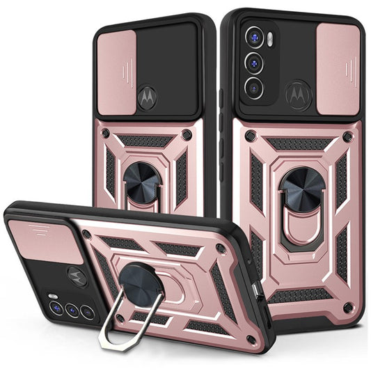 Camera Slide Protector PC + TPU Phone Back Cover Shell with Ring Holder Kickstand for Motorola Moto G60 - Rose Gold