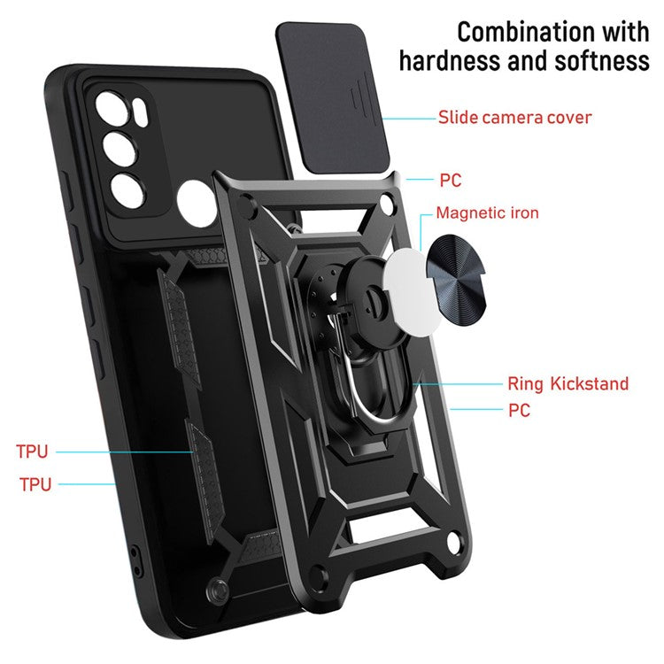 Camera Slide Protector PC + TPU Phone Back Cover Shell with Ring Holder Kickstand for Motorola Moto G60 - Rose Gold