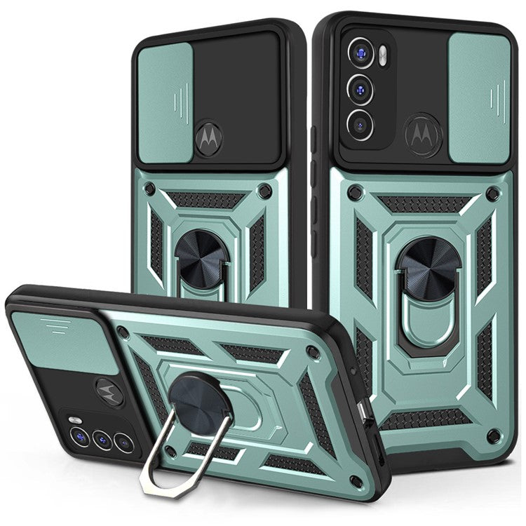 Camera Slide Protector PC + TPU Phone Back Cover Shell with Ring Holder Kickstand for Motorola Moto G60 - Green