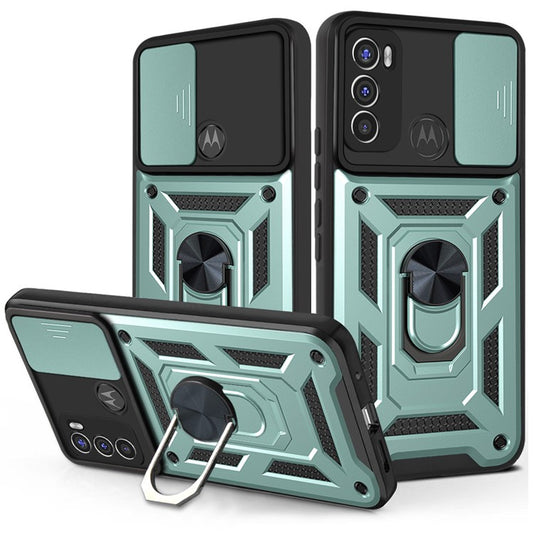 Camera Slide Protector PC + TPU Phone Back Cover Shell with Ring Holder Kickstand for Motorola Moto G60 - Green