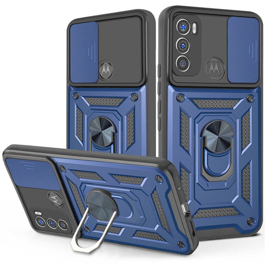 Camera Slide Protector PC + TPU Phone Back Cover Shell with Ring Holder Kickstand for Motorola Moto G60 - Blue