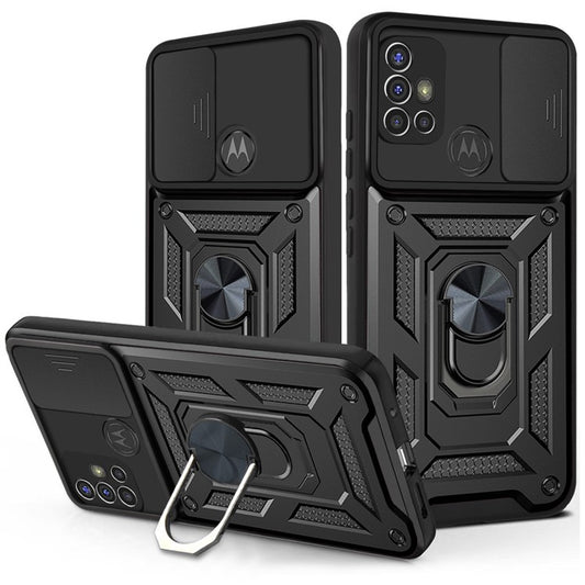 Camera Slide Cover Phone Hybrid Case Protective Shell with Ring Kickstand for Motorola Moto G30 - Black