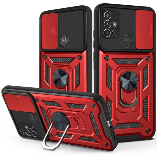 Camera Slide Cover Phone Hybrid Case Protective Shell with Ring Kickstand for Motorola Moto G30 - Red