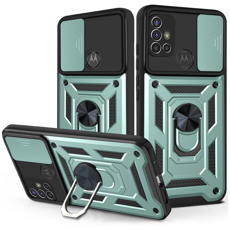 Camera Slide Cover Phone Hybrid Case Protective Shell with Ring Kickstand for Motorola Moto G30 - Green