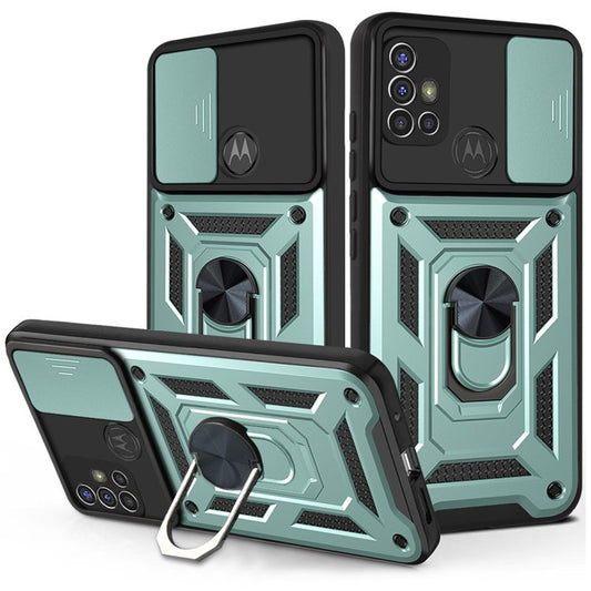 Camera Slide Cover Phone Hybrid Case Protective Shell with Ring Kickstand for Motorola Moto G30 - Green