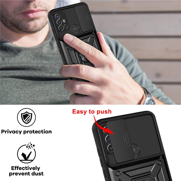 Camera Slide Cover Phone Hybrid Case Protective Shell with Ring Kickstand for Motorola Moto G30 - Blue