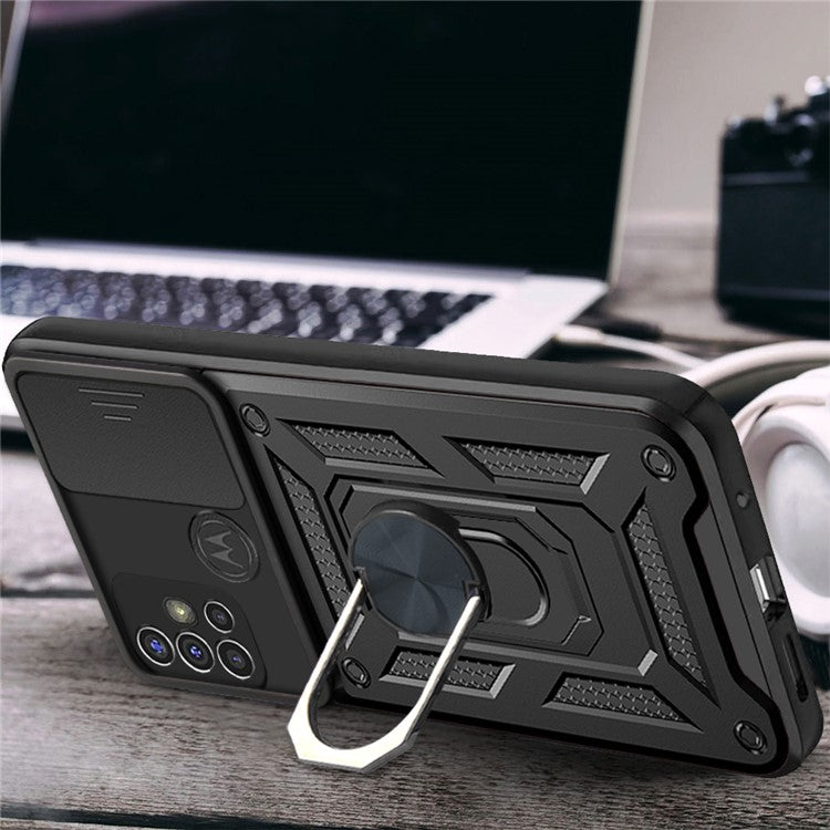 Camera Slide Cover Phone Hybrid Case Protective Shell with Ring Kickstand for Motorola Moto G30 - Blue