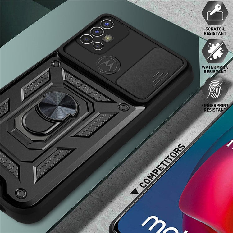 Camera Slide Cover Phone Hybrid Case Protective Shell with Ring Kickstand for Motorola Moto G30 - Blue