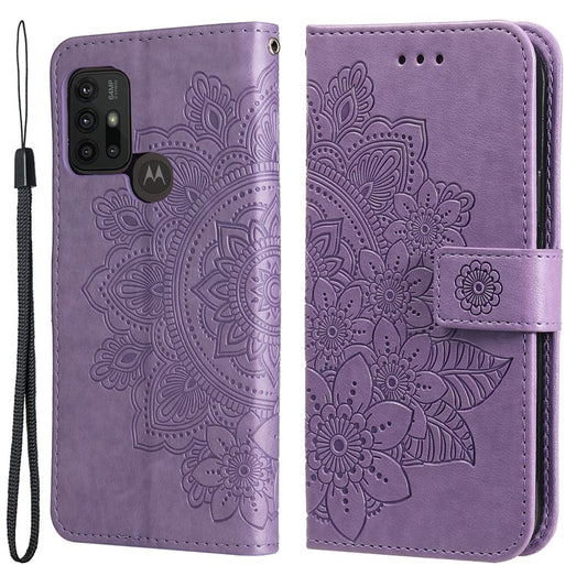 Shockproof Full Coverage Phone Flip Case Imprint Flower Pattern PU Leather Wallet Phone Cover with Wrist Strap for Motorola Moto G10/G30/G20/G10 Power - Purple