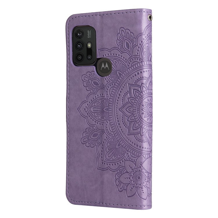 Shockproof Full Coverage Phone Flip Case Imprint Flower Pattern PU Leather Wallet Phone Cover with Wrist Strap for Motorola Moto G10/G30/G20/G10 Power - Purple