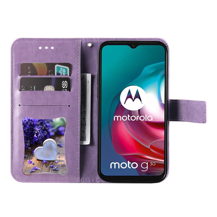 Shockproof Full Coverage Phone Flip Case Imprint Flower Pattern PU Leather Wallet Phone Cover with Wrist Strap for Motorola Moto G10/G30/G20/G10 Power - Purple