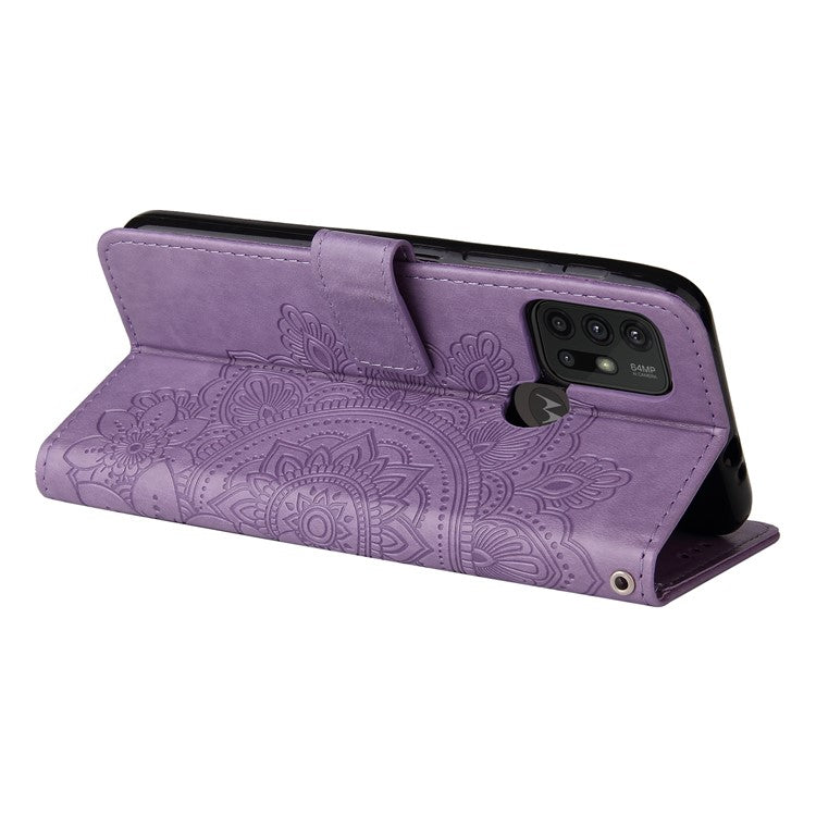 Shockproof Full Coverage Phone Flip Case Imprint Flower Pattern PU Leather Wallet Phone Cover with Wrist Strap for Motorola Moto G10/G30/G20/G10 Power - Purple