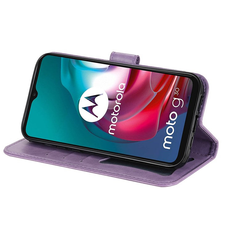 Shockproof Full Coverage Phone Flip Case Imprint Flower Pattern PU Leather Wallet Phone Cover with Wrist Strap for Motorola Moto G10/G30/G20/G10 Power - Purple