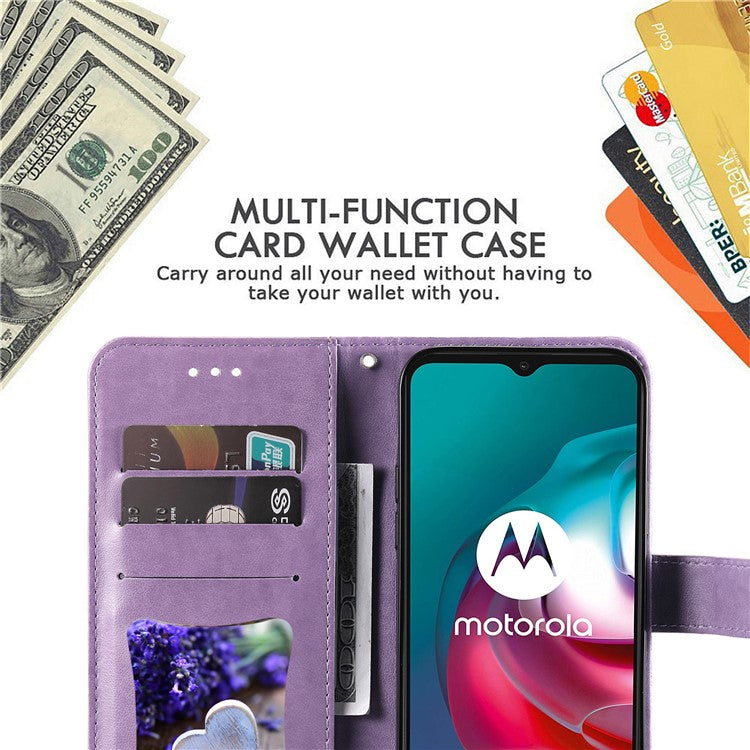 Shockproof Full Coverage Phone Flip Case Imprint Flower Pattern PU Leather Wallet Phone Cover with Wrist Strap for Motorola Moto G10/G30/G20/G10 Power - Purple
