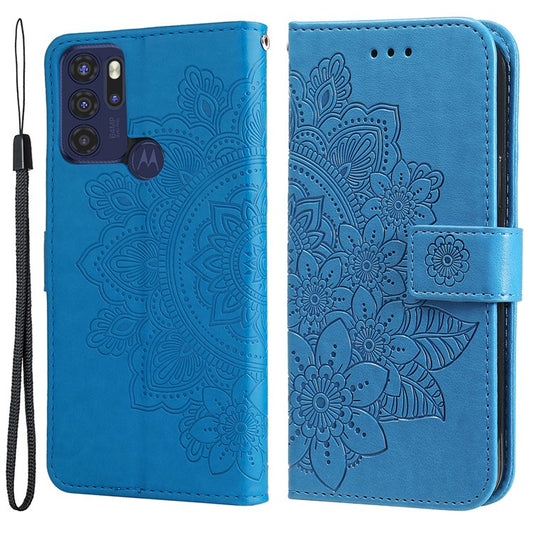 Stylish Phone Flip Case Imprint Flower Pattern PU Leather Wallet Phone Cover with Wrist Strap for Motorola Moto G60S - Blue