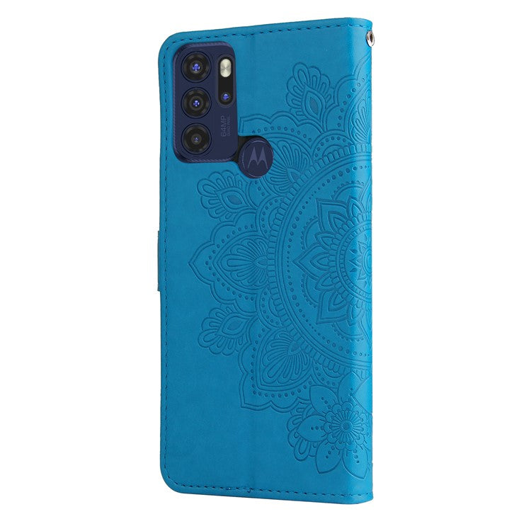 Stylish Phone Flip Case Imprint Flower Pattern PU Leather Wallet Phone Cover with Wrist Strap for Motorola Moto G60S - Blue
