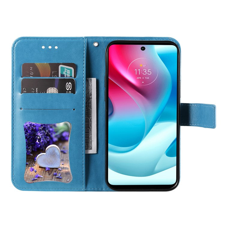 Stylish Phone Flip Case Imprint Flower Pattern PU Leather Wallet Phone Cover with Wrist Strap for Motorola Moto G60S - Blue