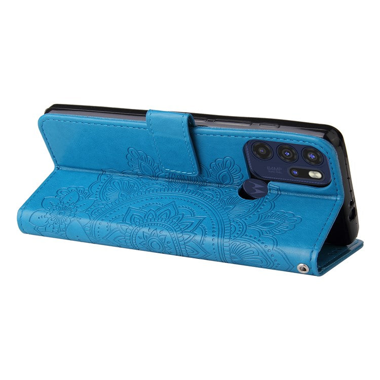 Stylish Phone Flip Case Imprint Flower Pattern PU Leather Wallet Phone Cover with Wrist Strap for Motorola Moto G60S - Blue