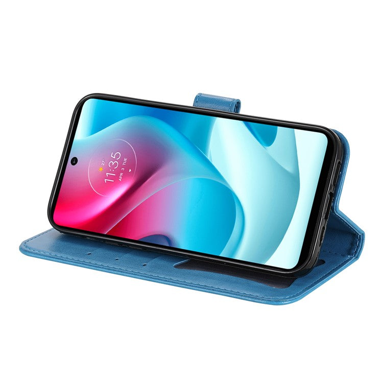 Stylish Phone Flip Case Imprint Flower Pattern PU Leather Wallet Phone Cover with Wrist Strap for Motorola Moto G60S - Blue