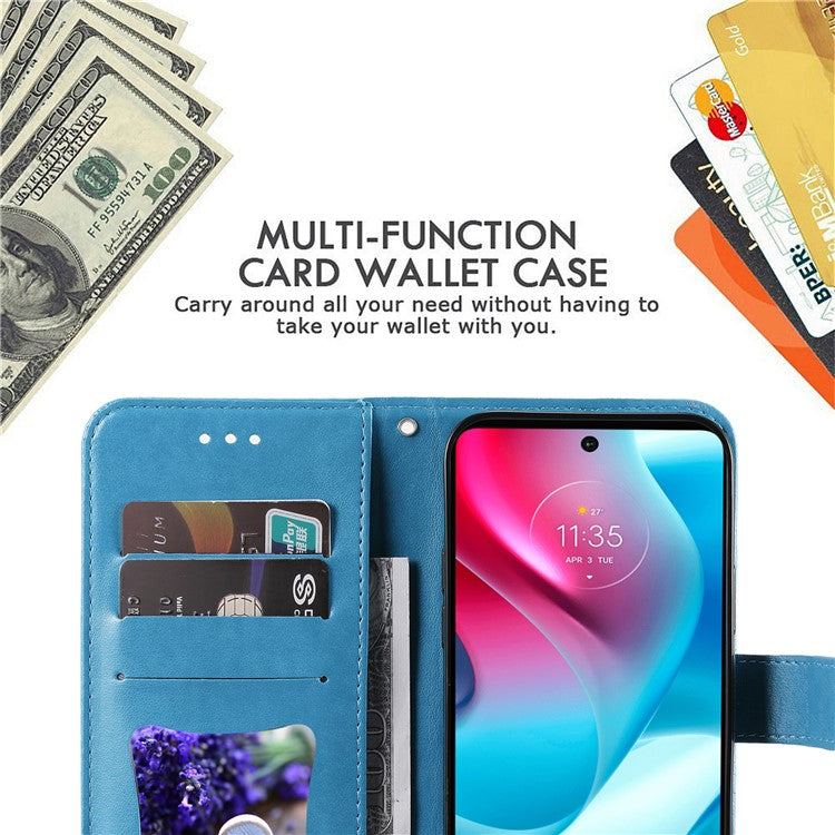 Stylish Phone Flip Case Imprint Flower Pattern PU Leather Wallet Phone Cover with Wrist Strap for Motorola Moto G60S - Blue