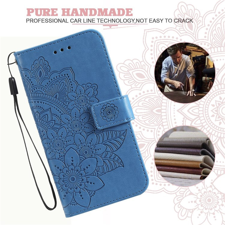Stylish Phone Flip Case Imprint Flower Pattern PU Leather Wallet Phone Cover with Wrist Strap for Motorola Moto G60S - Blue