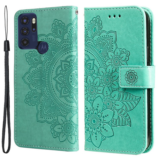 Stylish Phone Flip Case Imprint Flower Pattern PU Leather Wallet Phone Cover with Wrist Strap for Motorola Moto G60S - Green