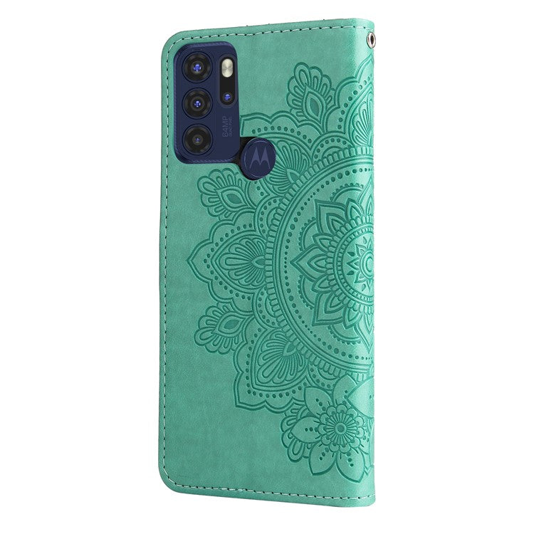Stylish Phone Flip Case Imprint Flower Pattern PU Leather Wallet Phone Cover with Wrist Strap for Motorola Moto G60S - Green