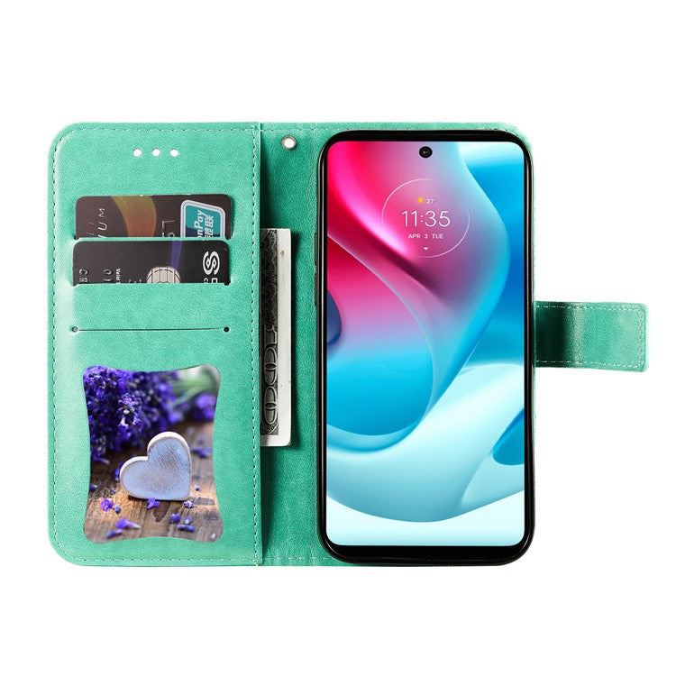 Stylish Phone Flip Case Imprint Flower Pattern PU Leather Wallet Phone Cover with Wrist Strap for Motorola Moto G60S - Green