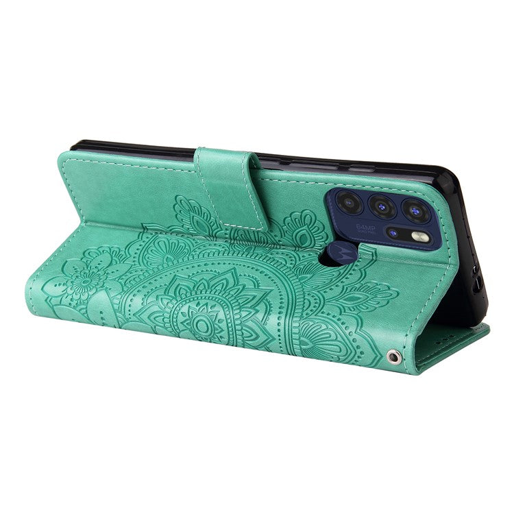 Stylish Phone Flip Case Imprint Flower Pattern PU Leather Wallet Phone Cover with Wrist Strap for Motorola Moto G60S - Green