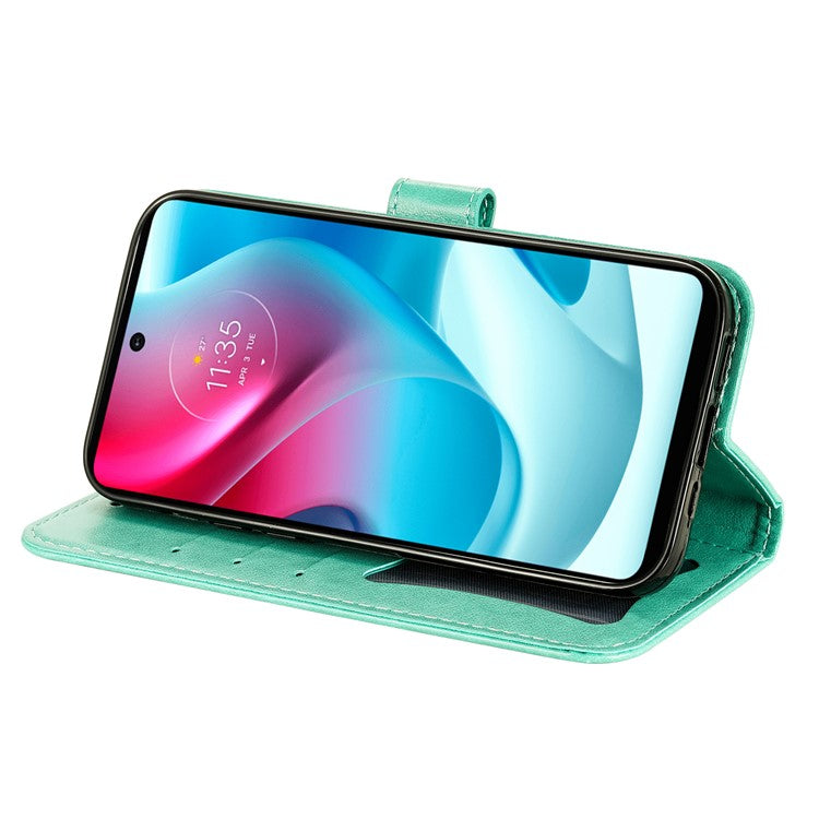 Stylish Phone Flip Case Imprint Flower Pattern PU Leather Wallet Phone Cover with Wrist Strap for Motorola Moto G60S - Green