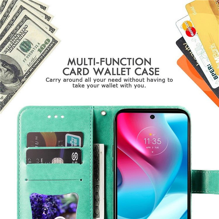 Stylish Phone Flip Case Imprint Flower Pattern PU Leather Wallet Phone Cover with Wrist Strap for Motorola Moto G60S - Green