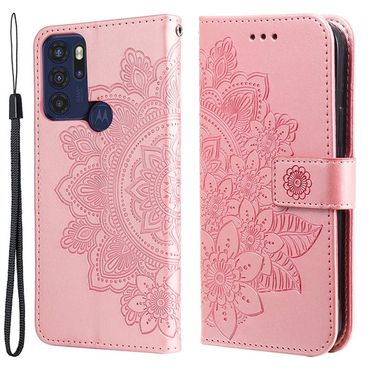 Stylish Phone Flip Case Imprint Flower Pattern PU Leather Wallet Phone Cover with Wrist Strap for Motorola Moto G60S - Rose Gold