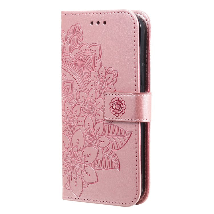 Stylish Phone Flip Case Imprint Flower Pattern PU Leather Wallet Phone Cover with Wrist Strap for Motorola Moto G60S - Rose Gold