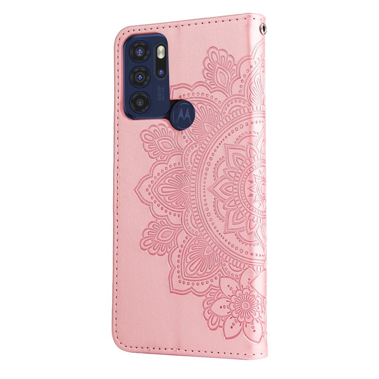 Stylish Phone Flip Case Imprint Flower Pattern PU Leather Wallet Phone Cover with Wrist Strap for Motorola Moto G60S - Rose Gold