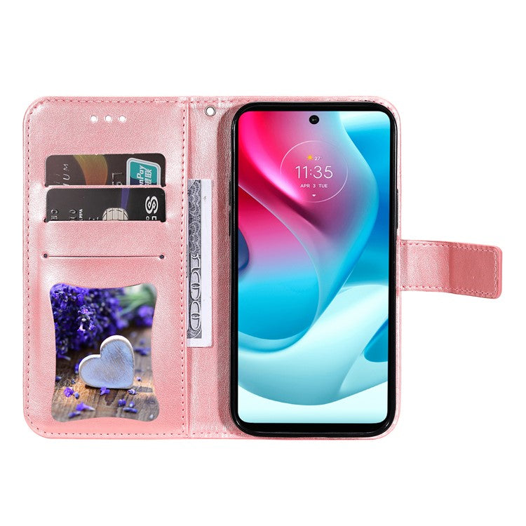 Stylish Phone Flip Case Imprint Flower Pattern PU Leather Wallet Phone Cover with Wrist Strap for Motorola Moto G60S - Rose Gold
