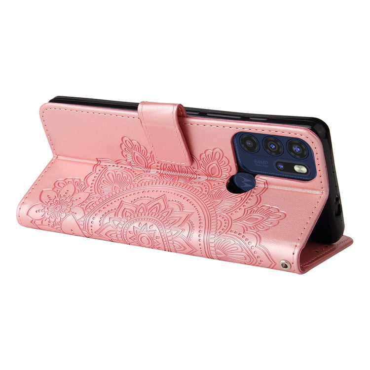 Stylish Phone Flip Case Imprint Flower Pattern PU Leather Wallet Phone Cover with Wrist Strap for Motorola Moto G60S - Rose Gold