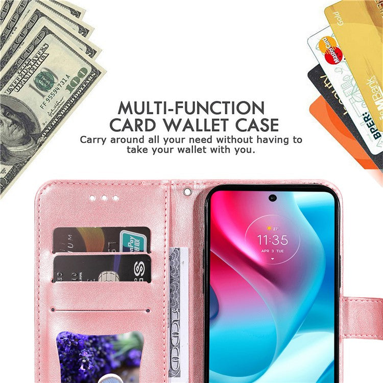 Stylish Phone Flip Case Imprint Flower Pattern PU Leather Wallet Phone Cover with Wrist Strap for Motorola Moto G60S - Rose Gold