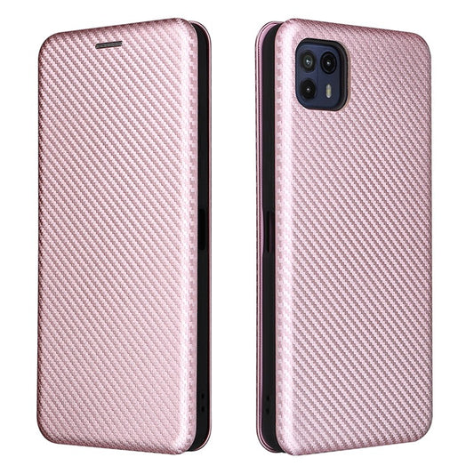 Auto-absorbed Carbon Fiber Texture Leather Stand Phone Shell Case for Motorola Moto G50 5G - Rose Gold