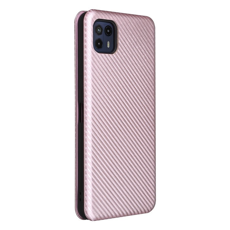 Auto-absorbed Carbon Fiber Texture Leather Stand Phone Shell Case for Motorola Moto G50 5G - Rose Gold