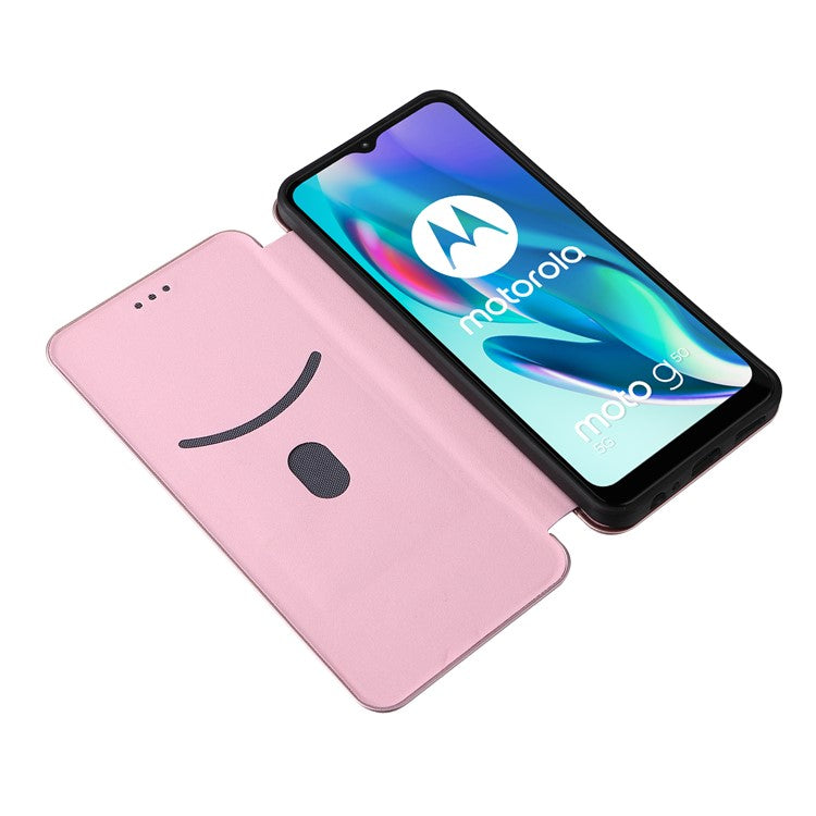Auto-absorbed Carbon Fiber Texture Leather Stand Phone Shell Case for Motorola Moto G50 5G - Rose Gold